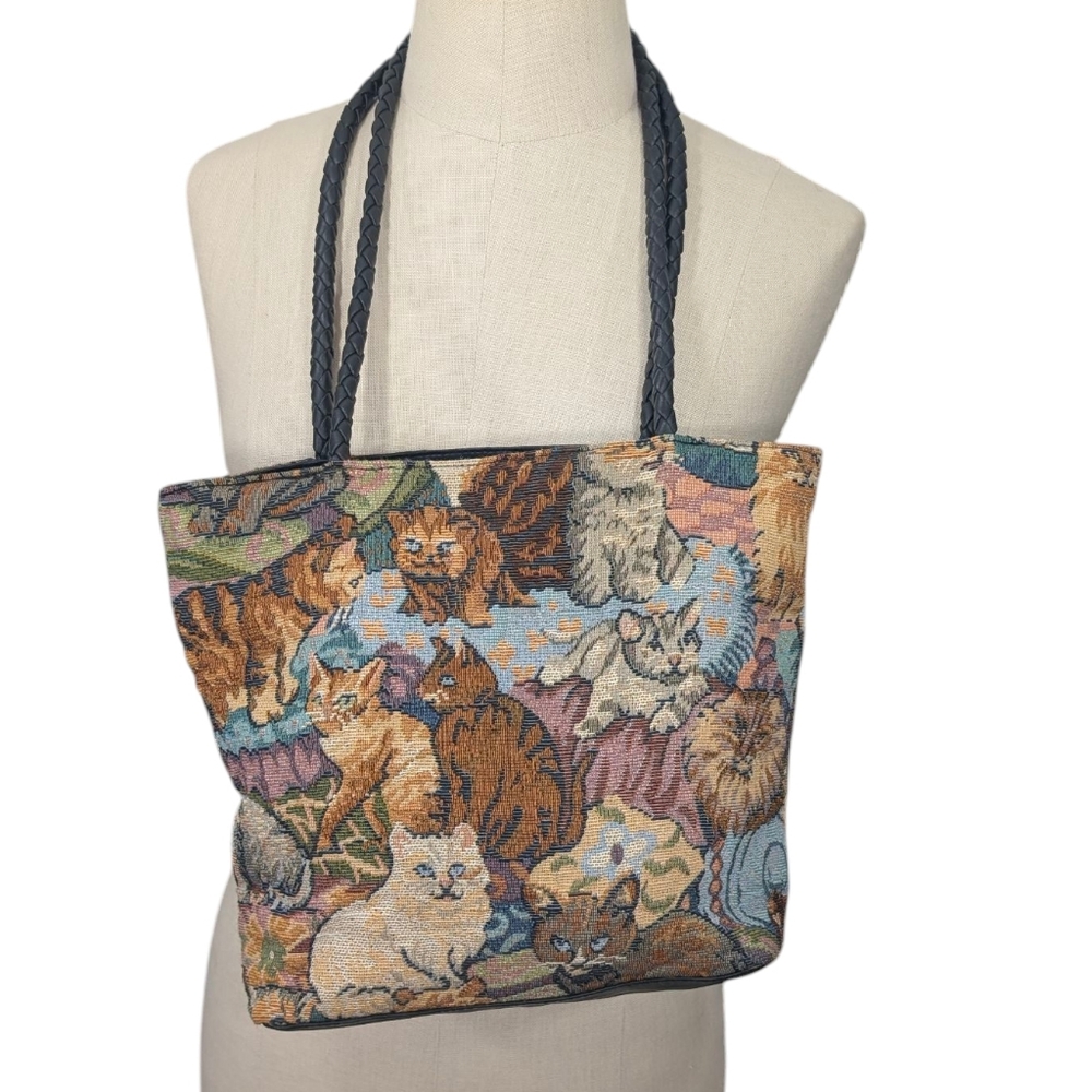 Vintage Blair cats & kittens tapestry shoulder tote bag W braided handle.
